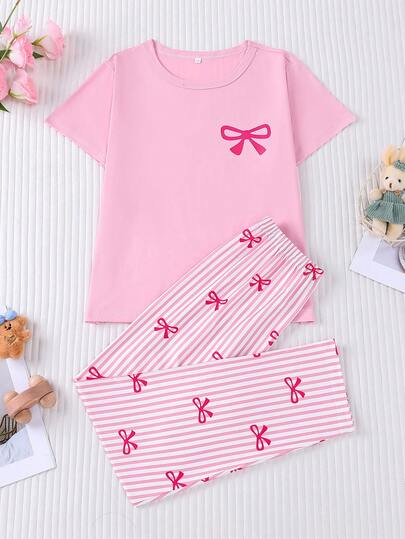 2pcs Girls Butterfly Print Pajama Set, Pink Bow Decor Short Sleeve Top And Long Pants, Round Neck Cute Sleepwear, Suitable For All Seasons, Party And Casual Wear
