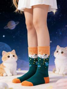 5 Pairs Unisex Blue, Green, Yellow, Gray Starry Sky Cat Cute & Whimsical Mid-Calf Socks, Casual Daily Wear Socks For Men And Women, All Seasons - Multicolor - View 3