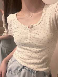 新款甜美杏花印花圆领修身短袖女式T恤，夏季 - 杏色 - 查看 1