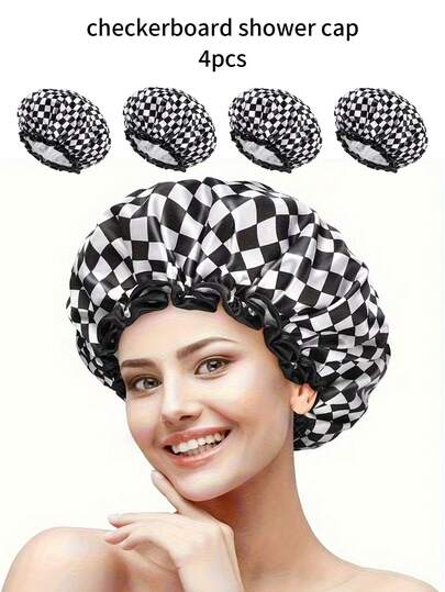 1pc/4pcs Checkered Shower Cap, Black & White Checkerboard Shower Cap, PEVA Edged Hat, Kitchen & Makeup Anti-Oil Smoke Cap, Double-Layer Women Bathing Shower Cap For Home Use