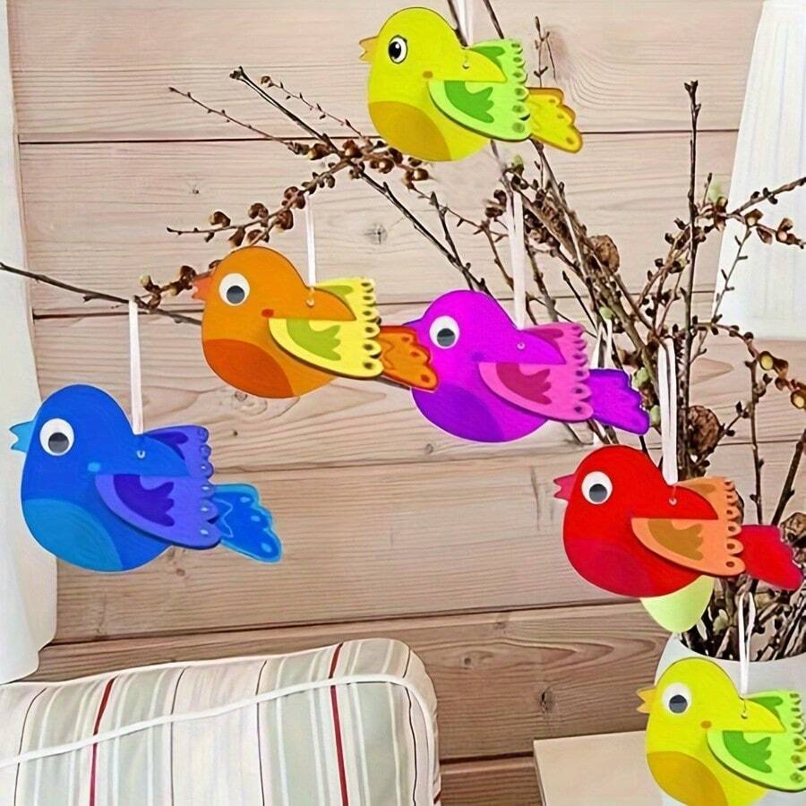 5pcs Unfinished Wooden Bird Decoration Set | Wooden Birds With Wings And Hanging Ropes, Suitable For Painting, Easter Crafts, Christmas Tree Decorations And Handmade Gift Materials, Rustic Style Decor - Multicolor - View 1