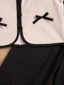 Set de 2 piezas: Blusa sin mangas de unicolor con cuello en V y decoración de lazo 3D y botones, pantalones rectos, para primavera/verano para niñas - Albaricoque - Ver 8