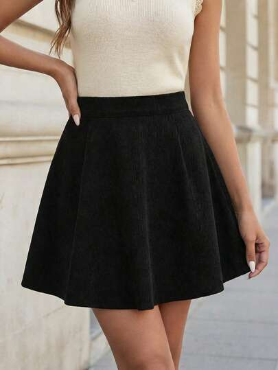 1 pièce Jupe évasée en velours côtelé de couleur unie pour femmes, jupe en velours côtelé de couleur unie décontractée, convient pour les sorties et toutes les saisons