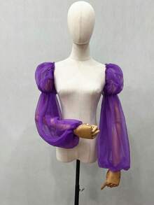 1件黑色网纱双层花瓣袖臂套，弹性长袖口，新娘款 - 彩色 - 查看 18