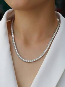 1pc 925 Sterling Silver Moissanite Tennis Necklace, Women's Clavicle Chain, Mother's Day, Valentine's Day, Engagement, Wedding, Anniversary, Birthday Gift, Daily Wear - Silver - View 7