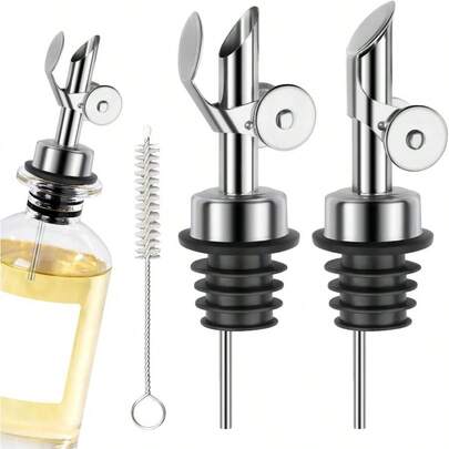 2 piezas Dispensador de aceite de oliva, Vertedor de licor de velocidad con tapa abatible, Vertedores de servicio automático de acero inoxidable para botellas de licor, botellas de aceite, vinagre, jarabe y otras botellas en color plateado