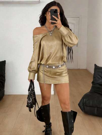 女士纯色优雅休闲罗纹不对称肩蝙蝠袖时尚连衣裙，适合约会、度假等场合。