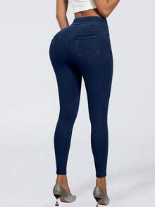 JSEMOY High Waisted Skinny Butt Lifting Jeans Leggings Tummy Control Jeggings For Women With Pockets - Navy Blue - View 7