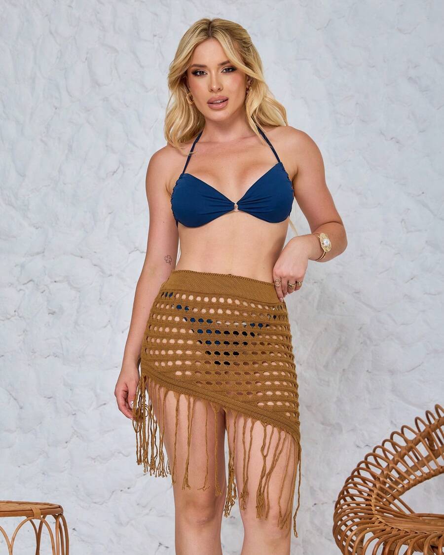 Saia Curta Assimétrica Tricô de Carnaval Saída de Praia com Franjas