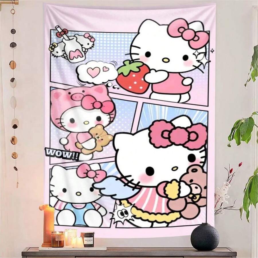 SANRIO 1 Tấm vải treo tường phong cách hoạt hình Hello Kitty màu hồng nhạt, phông nền trang trí phòng ngủ nữ tính, hình mèo dâu tây, họa tiết lưới truyện tranh, tạo không gian ngọt ngào cho phòng ngủ, trang trí đầu giường, tường tiệc | Tranh treo tường sống động | Tấm thảm polyester, đồ trang trí treo tường - Nhiều màu - Xem 1