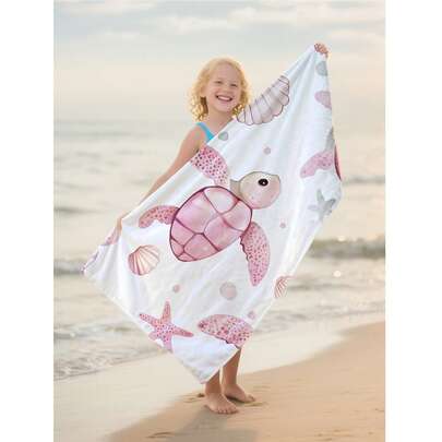 1pc Cute Cartoon Pink Sea Turtle Children's Beach Towel, Super Soft Microfiber Extra Large Beach Blanket, Super Absorbent Bath Towel, Suitable For Travel, Swimming Pool, Diving, Surfing, Yoga, Camping, Available In Multiple Sizes, Beach Accessory