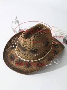 1pc Unisex Pearl Decor Ridge Dyeing Printed Boho Wide Brim Hand Woven Hollow Out Windproof Rope Casual Handmade Cowgirl Hat Travel Shade Breathable Adjustable Chin Strap Travel Shade Beach Hat Cowboy Hat Sun Hat Straw Hat - Màu Khaki - Xem 5