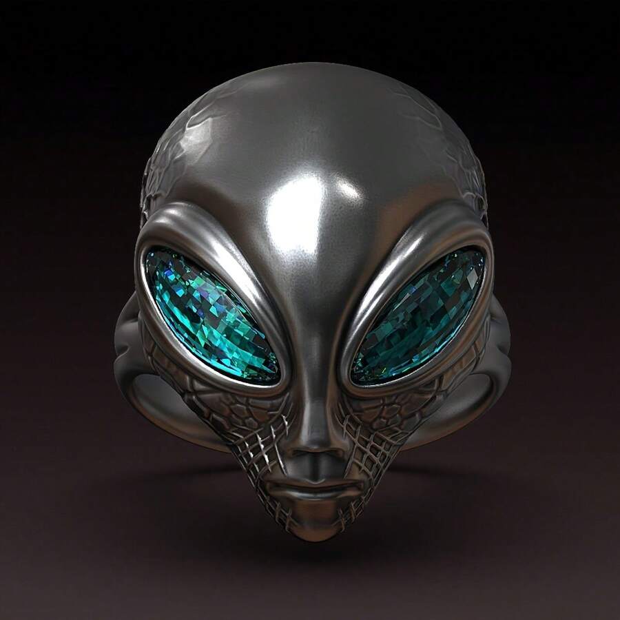 1pc High-Quality Men's Personalized Alien Design Luxury Inlaid Green Zirconia Wedding Ring, Fashion Luxury Jewelry, Valentine's Day Gift For Him, Motorcycle-Daily Versatile Ring - Green - View 1