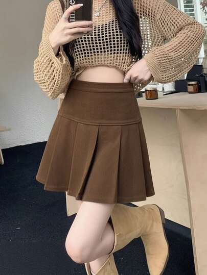 女士纯色高腰褶皱罗纹休闲迷你裙，春夏季