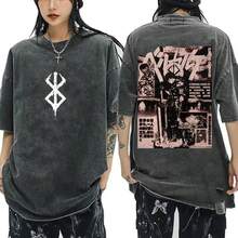 Anime  Guts Vintage Washed T Shirt Manga Gatsu Griffith Zodd T-Shirts Men Women Clothing Cotton Casual Oversized T-Shirt - 黑色 - 查看 5
