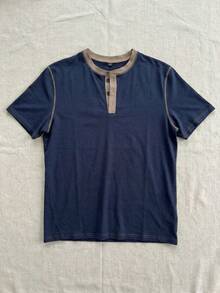 GRDR 1pc Men's Casual Henley Neck Short Sleeve T-Shirt, Summer - Navy Blue - View 7