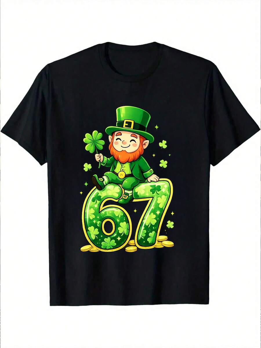 St. Patrick's Day Leprechaun & 67 Print Boys' Cotton Short Sleeve T-Shirt Playful Style Festival Casual Top - 黑色 - 查看 1
