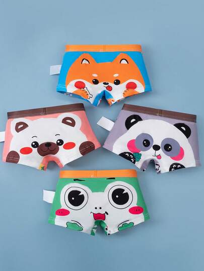 4条装男童舒适透气卡通动物印花三角裤，适合小男孩、儿童、青少年