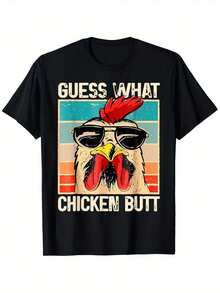 Camiseta divertida y única "Adivina qué, ¡trasero de pollo!" con diseño de gallo ingenioso, ideal para los amantes del humor. Perfecta para un look casual y lleno de personalidad. ¡Atrévete a destacar con esta camiseta Y2K! Disponible en talla única. - Negro - Ver 1