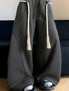 Men's Fashion Pocketed Wide Leg Loose Casual Sweatpants - Dark Grey - View 2
