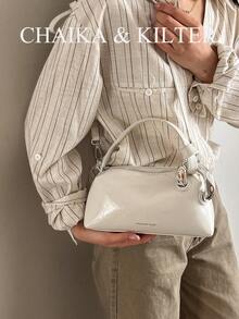 CHAIKA & KILTER 1 件装纯色亮面 PU 皮革手提包，女士休闲时尚托特水桶包，波士顿枕形包，字母金属装饰，顶部拉链封口，可拆卸可调节肩带，适合日常购物 - 白色 - 查看 9