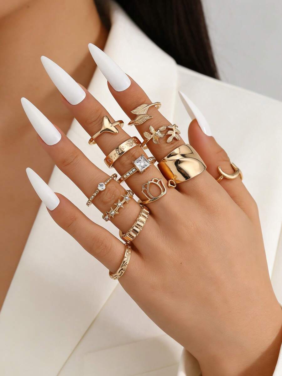 13Pcs Gold Boho Ring Set: Airplane Arrow Stars Moon Tulip Rhinestone Stackable Rings For Women Daily Party Fashion Jewelry - Gold - View 1