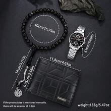 3pcs Men's Classic Casual Low-Key Stylish Watch, Beaded Bracelet, Wallet Combination Set - The Perfect Gift For Father, Husband, Boyfriend To Express Love And Care, Cherish Precious Moments - Silver - View 4