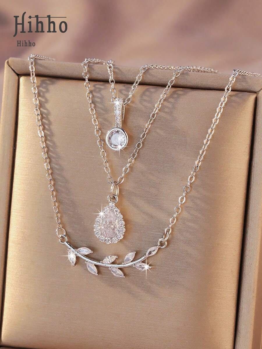 Hihho 3 件套时尚休闲水滴和树枝设计锆石镶嵌女士项链套装适合派对和送礼 - 銀色 - 查看 1