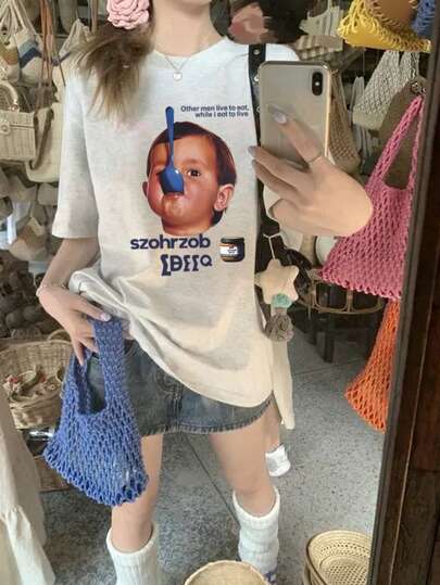 日系女式宽松圆领休闲百搭印花短袖T恤，春夏款