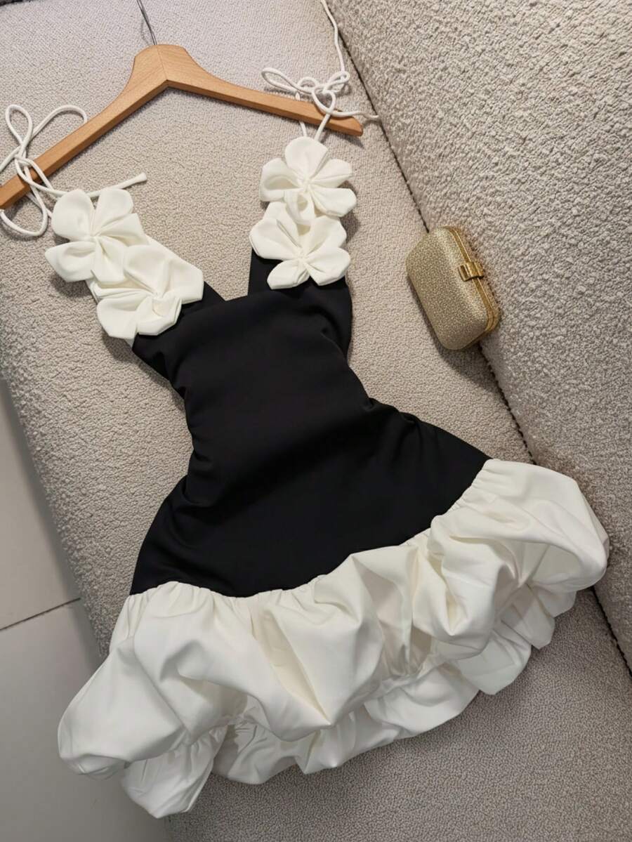 Valentine's Day Party Dress, Peplum Dress, Sexy Peplum Dress, Handmade Floral Camisole Dress, Bridesmaid Dress, Vacation Dress - Black and White - View 1