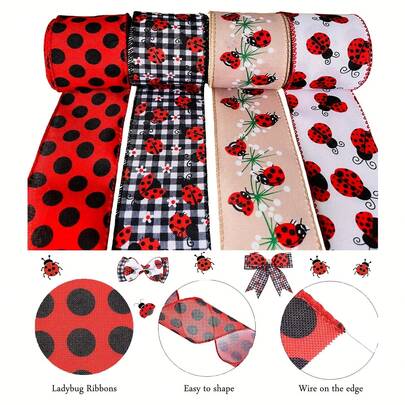 4 Rolls Of 2.5-Inch Wide Burlap Ribbon With Ladybug Pattern, Red Polka Dots, Suitable For Spring Gift Wrapping, Party DIY Decoration