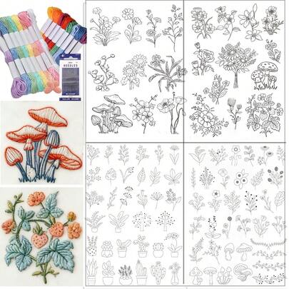 Botanische Floral Pilz Muster Stickerei Aufkleber, selbstklebend, wasserlöslich, Vlies Patches für DIY Nähen, Handwerk, Kleidung, Tasche, Hut Dekoration