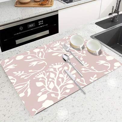1pc Super Absorbent Quick Dry Non-Slip Kitchen Mat - Countertop Dish Drying Pad, Soft Floral Pattern, Non-Slip Base, Suitable For Coffee Bar, Dining Table - Easy Clean Surface And Fast Drying Design, Fits Modern Or Traditional Kitchen, Coffee Bar Accessories, Stylish Home Decor