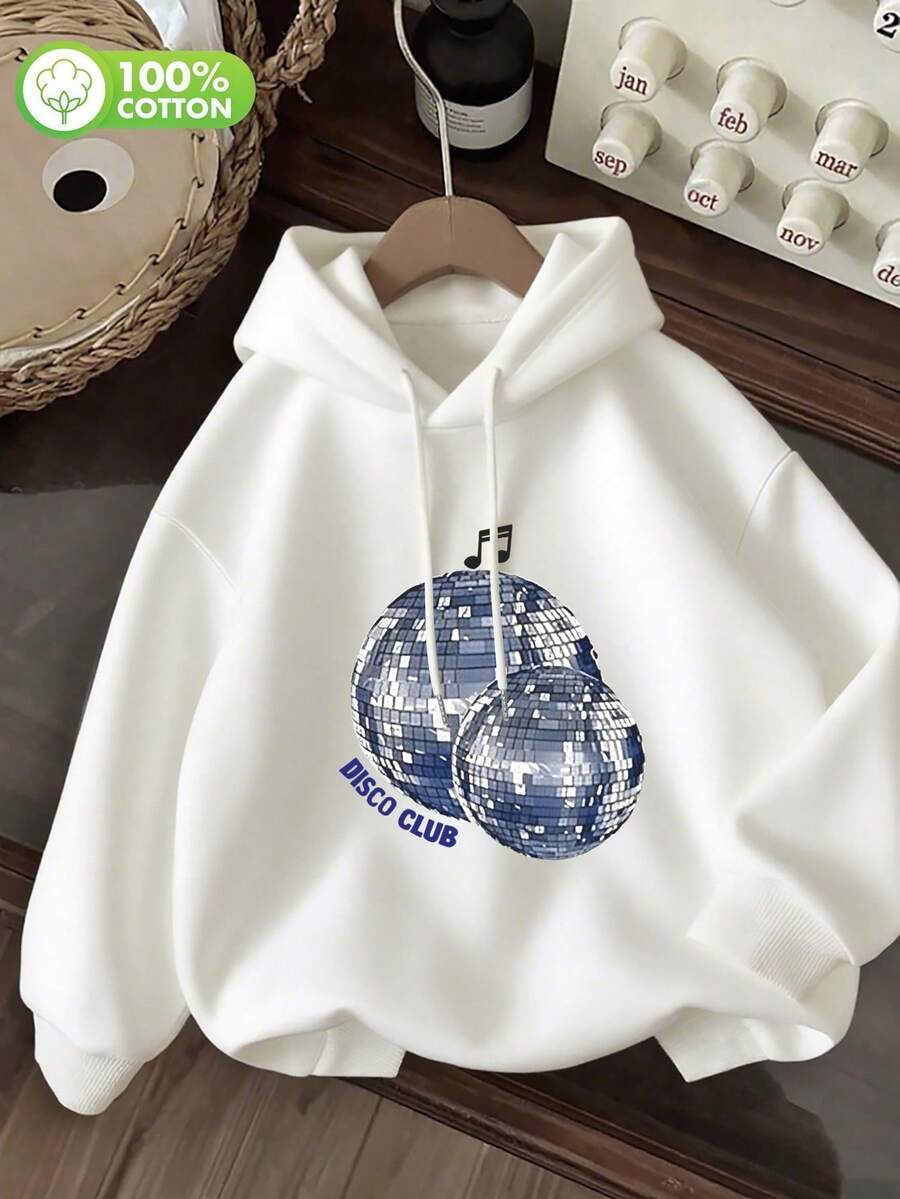 sweat-shirt à capuche de style de rue décontracté et Y2K pour le printemps/été, style minimaliste amusant pour le port quotidien, parfait pour les festivals. Imprimé boule disco noire sur un matériau en coton confortable, idéal pour les fêtes et les sorties - Blanc - Voir 1