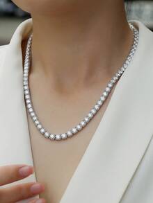 1pc 925 Sterling Silver Moissanite Tennis Necklace, Women's Clavicle Chain, Mother's Day, Valentine's Day, Engagement, Wedding, Anniversary, Birthday Gift, Daily Wear - Silver - View 8