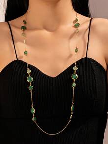 1pc Elegant Elongated Gemstone Necklace, Bohemian Luxury Women's Sweater Chain, Versatile For Daily Wear, Party, Wedding Gift - Green - View 5