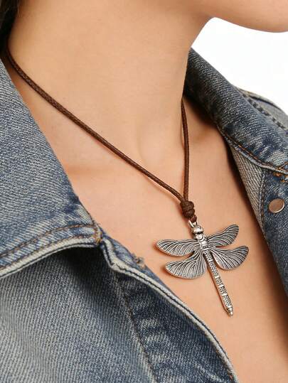 1件波西米亚风复古银色蜡绳长项链，男女通用蜻蜓合金金属项链，派对礼物，送给男友、女友、母亲节