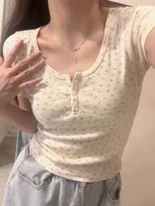 新款甜美杏花印花圆领修身短袖女式T恤，夏季 - 杏色 - 查看 5