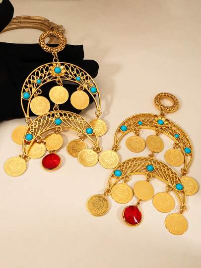 这款腰带采用两件套复古新月双层设计，搭配金色硬币状流苏，并饰以绿松石色装饰。适合中东、库尔德和土耳其女性在斋月期间佩戴。