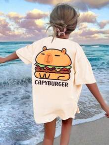 Tween Girls Students Casual Printed Round Neck Short Sleeve T-Shirt, Summer Top - Apricot - View 1