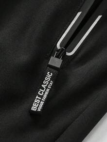 1件装男士直筒字母印花拉链口袋休闲运动裤，夏季 - 黑色 - 查看 6