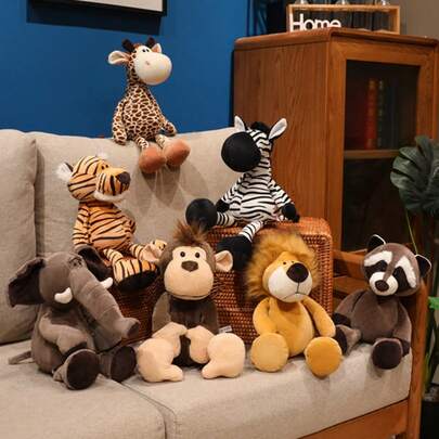逼真的森林动物毛绒玩具，卡通狮子、老虎、大象、长颈鹿毛绒玩偶（多种款式可选），表情可爱，柔软舒适，儿童安抚布娃娃，创意惊喜礼物，是送给男孩女孩的完美节日、生日和复活节礼物。