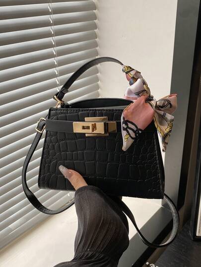 2026 Fashionable Versatile Handbag, Minimalist One Shoulder Bag With Stone Texture Lock Design, Scarf Decor, Elegant Crossbody Bag