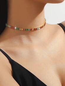 1 chiếc vòng cổ nữ hình học rỗng đính đá Zirconia, đa năng, phù hợp đeo hàng ngày và dự tiệc. - màu vàng - Xem 2