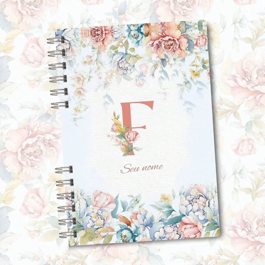 A5 Floral Pink And Blue Notebook Personalized With Initial Of The Alphabet - F - View 1