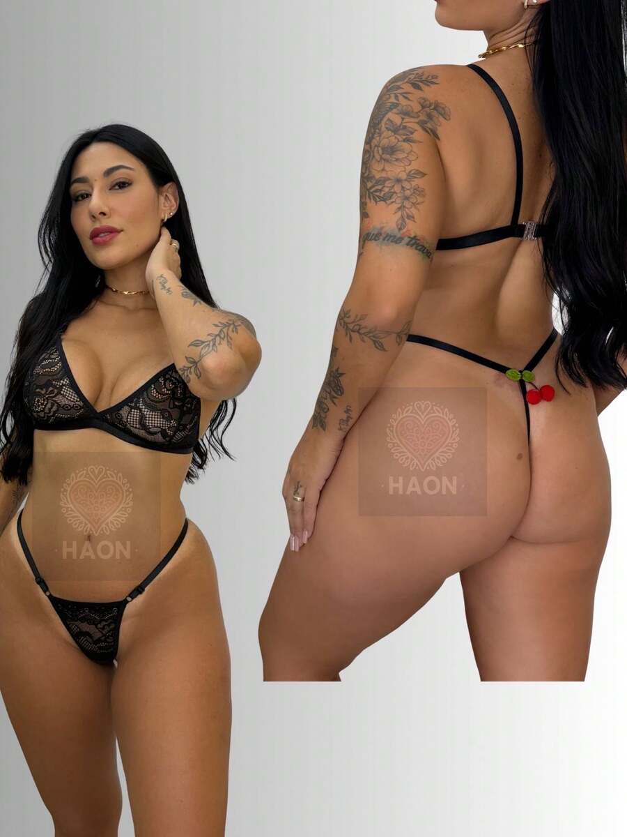 Luxury Sexy Lingerie Set In Lace With Cherry Applique, Thong Style, Sizes P To GG (Sizes P To GG). - Black - View 1