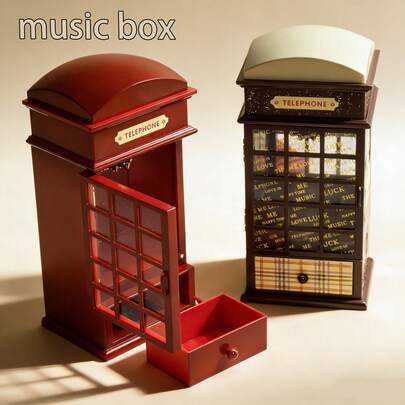 Vintage Telephone Booth Shaped Music Box - Plastic Creative British Style Retro Decor, Christmas, Valentine's Day, Ramadan Gift