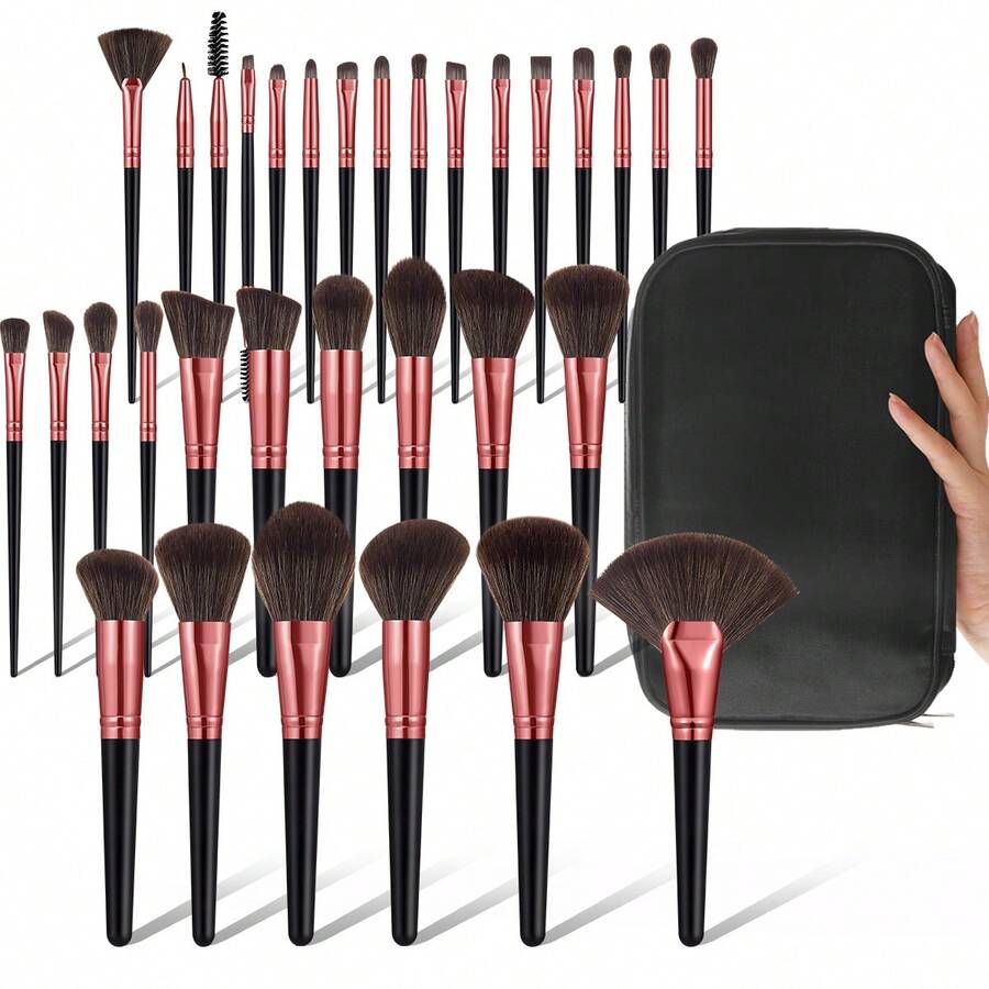 33PCS All-In-One Makeup Brushes Set: 32PCS High-Resilient Makeup Brushes+ 1pc Reusable Storage Bag – Dry & Wet Dual-Use With Easy Organization - Black - View 1