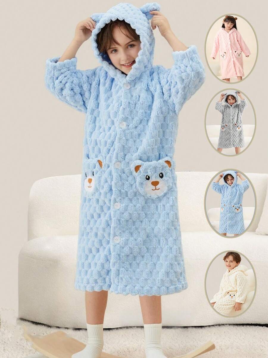 一件可爱连帽儿童浴袍，柔软珊瑚绒面料，不掉毛，速干，可机洗，适用于浴室、卧室、酒店、游泳池，可作节日礼物、生日礼物、毛巾、可穿戴浴袍、浴室装饰、浴室用品、情人节礼物 - 彩色 - 查看 1