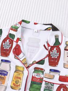 Bộ đồ ngủ trẻ em 2 món in hình chai tương ớt, áo tay ngắn có cổ và quần short, dễ thương và thoải mái cho cả bé trai và bé gái, phù hợp cho mọi mùa, dự tiệc và mặc thường ngày. - trắng - Xem 4